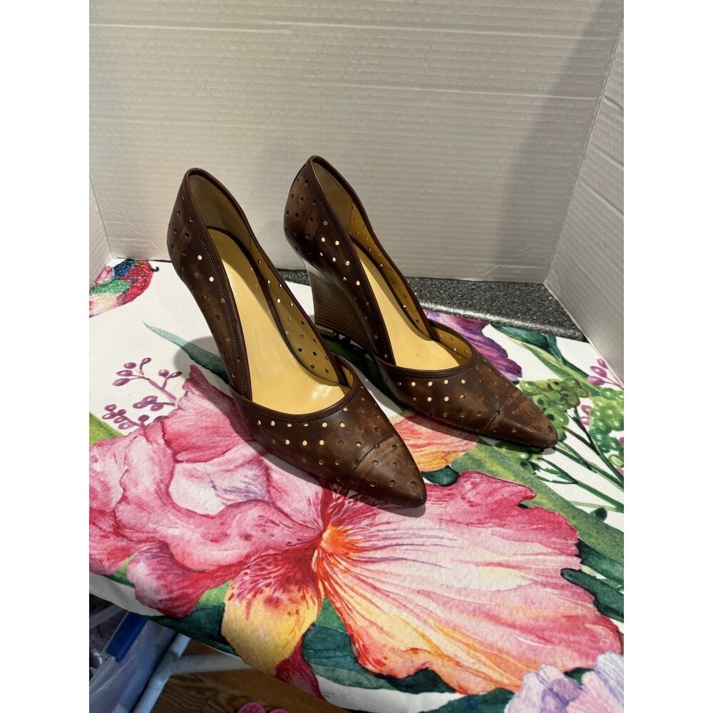 a.testoni Brown Perferated Leather Wedge Heel Size 40 Made in Italy
